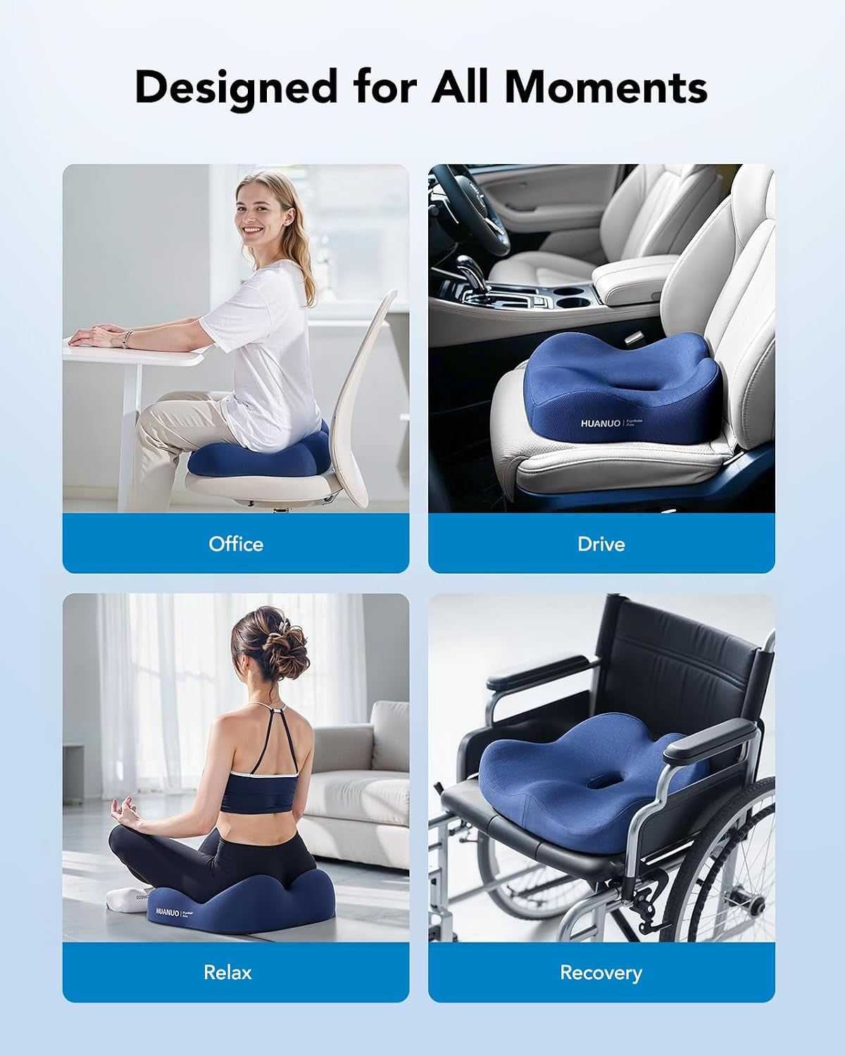 Ergonomic Seat Cushion, Memory Foam Cooling Gel Office Chair Cushion for Hip Support, Tailbone Pressure Relief, Breathable Car Seat Cushion for Home, Work, Driving