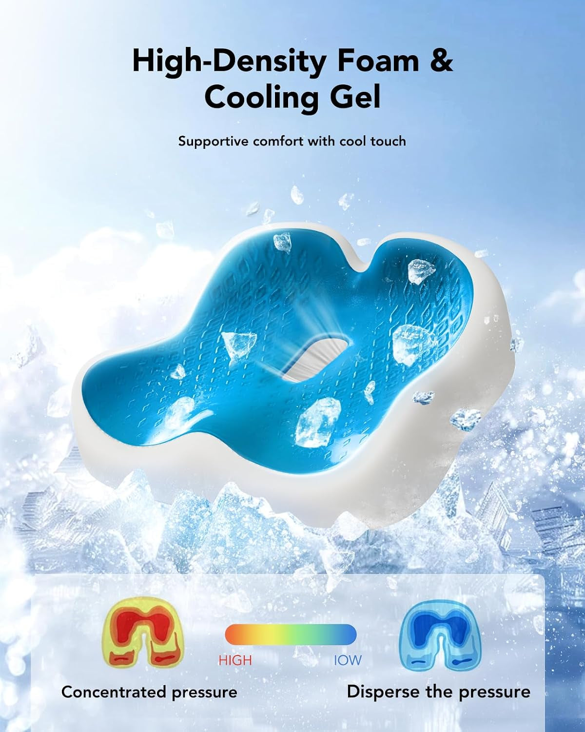 Ergonomic Seat Cushion, Memory Foam Cooling Gel Office Chair Cushion for Hip Support, Tailbone Pressure Relief, Breathable Car Seat Cushion for Home, Work, Driving
