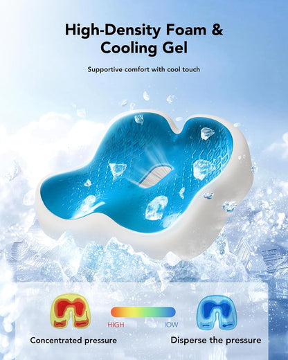 Ergonomic Seat Cushion, Memory Foam Cooling Gel Office Chair Cushion for Hip Support, Tailbone Pressure Relief, Breathable Car Seat Cushion for Home, Work, Driving